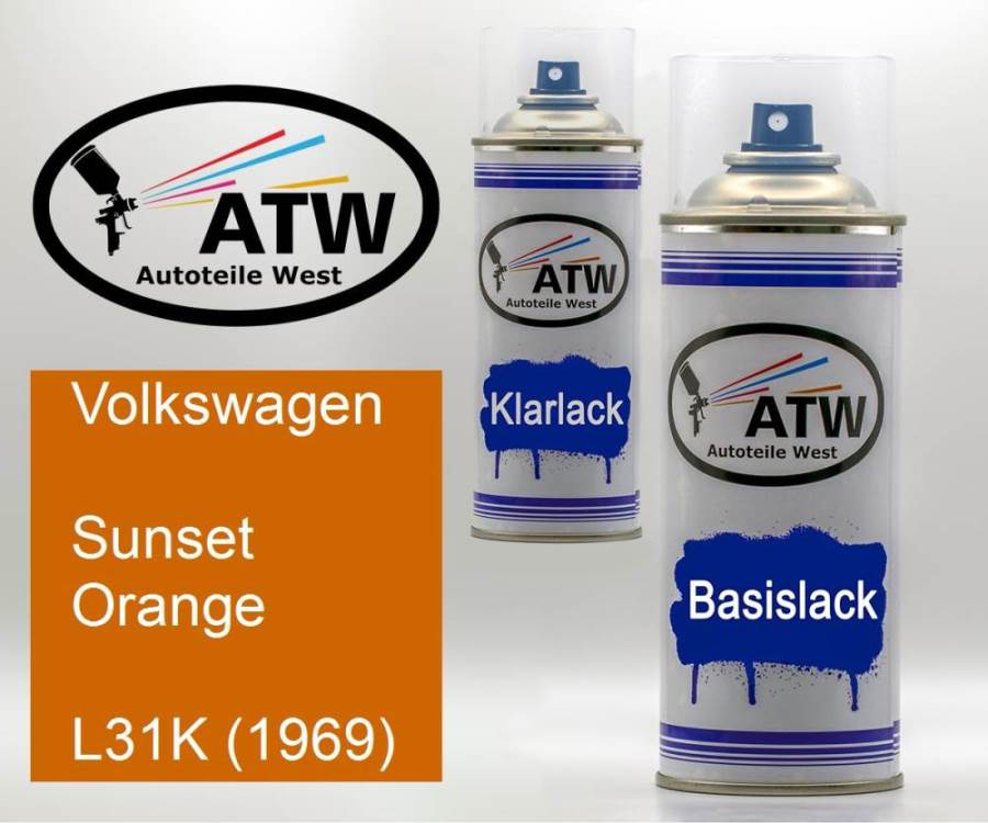 Volkswagen, Sunset Orange, L31K (1969): 400ml Sprühdose + 400ml Klarlack - Set, von ATW Autoteile West.